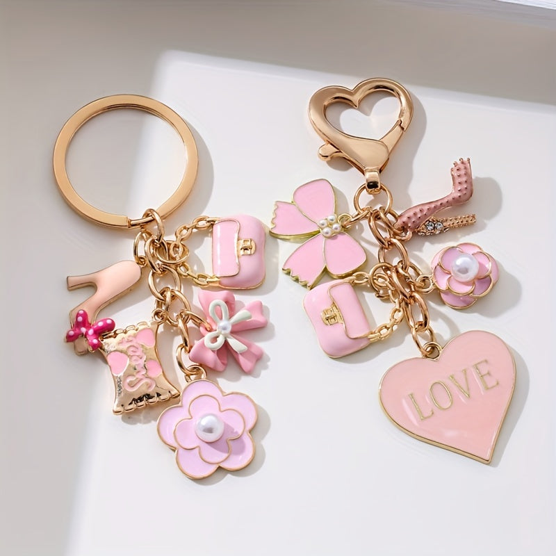 NXQXN Pink Mini Bag & Cosmetics Charm Keychain Ladies Key Ring - Metal Round Love Theme Keyring with Flowers & Heart Decor, Single Individual Piece, Wedding Festival Special, Ring Buckle Decorative Bag Pendant Gift